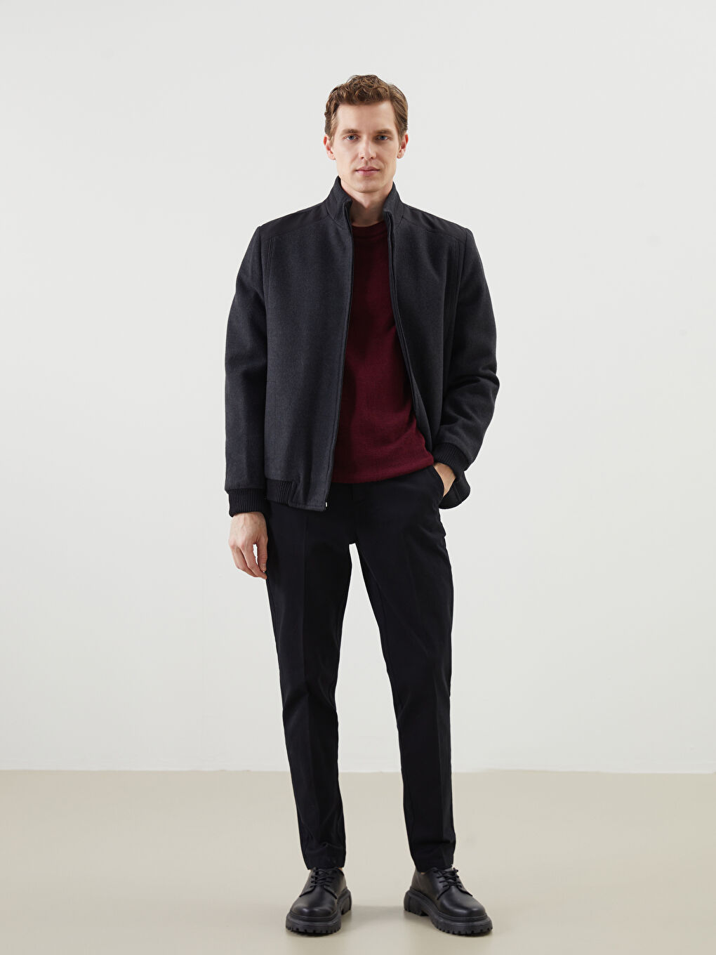 Gri Standart Kalıp Dik Yaka Erkek Mont-1