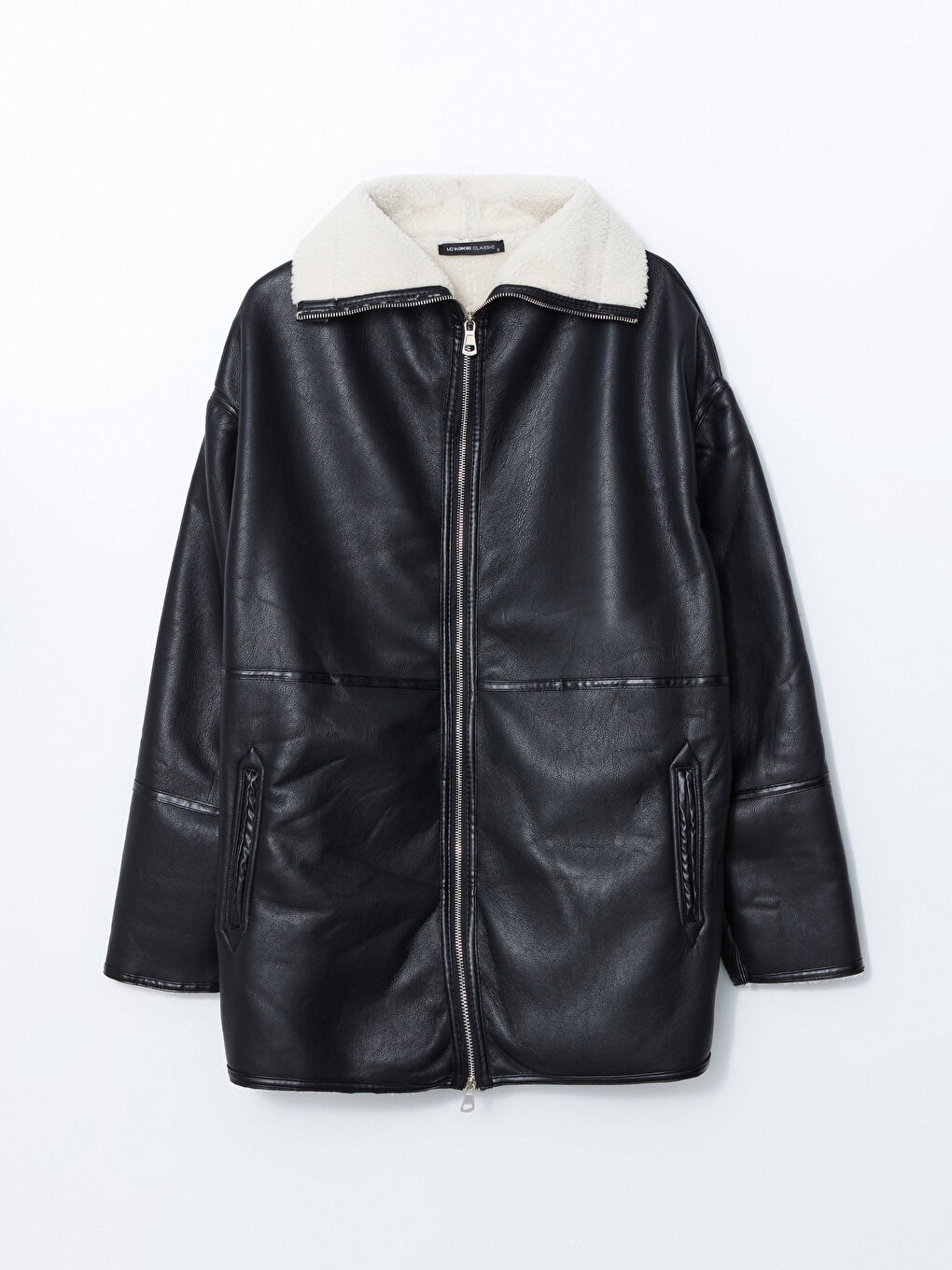 Siyah Dik Yaka Kadın Deri Görünümlü Mont-5