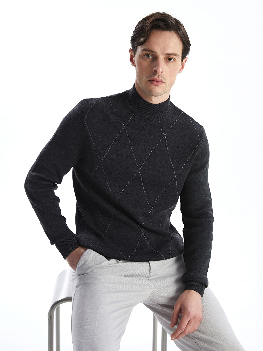 Turtleneck Long Sleeve Patterned Men's Knitwear Sweater -W5EQ32Z8-DGR
