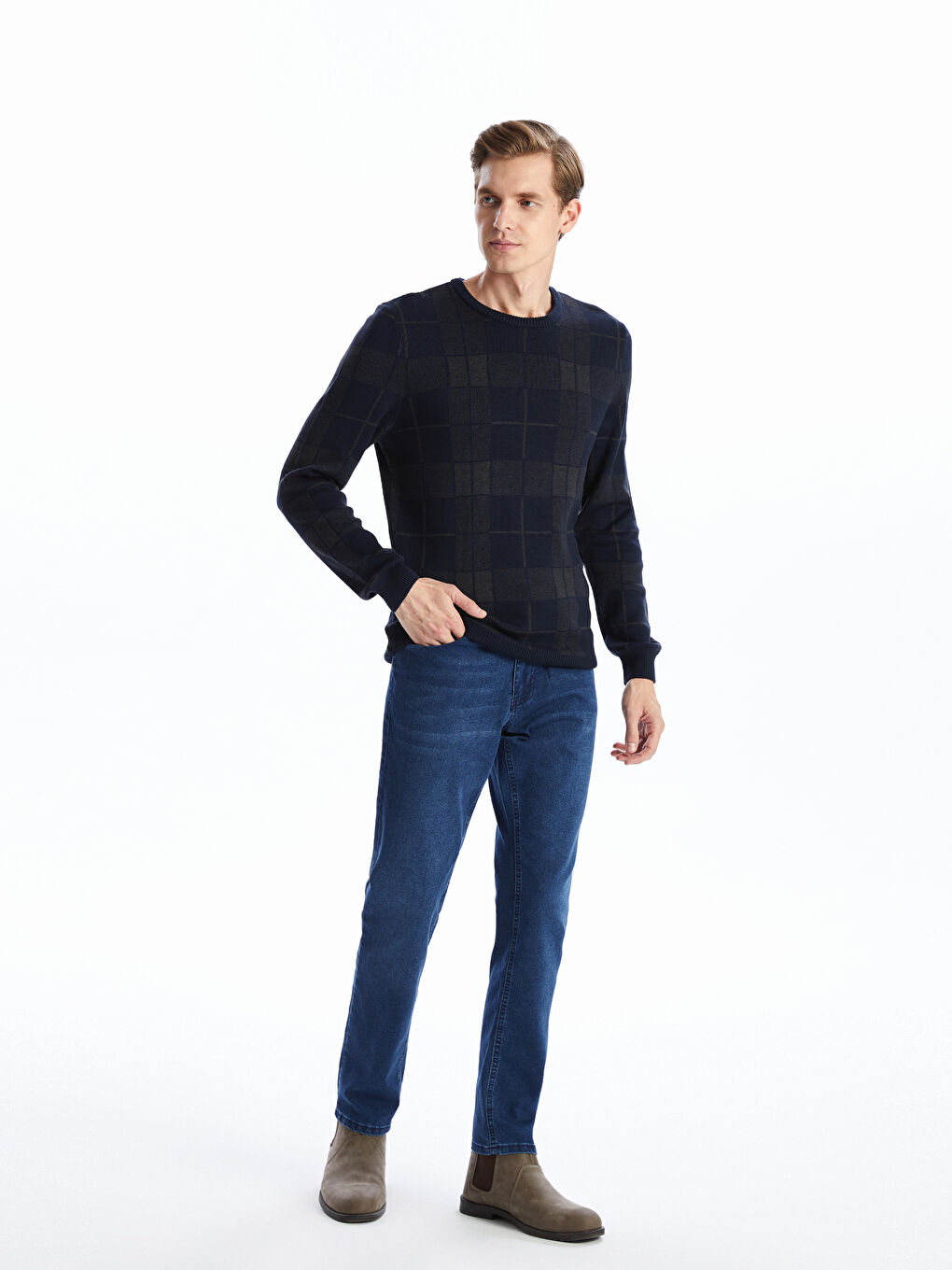 Lacivert Bisiklet Yaka Uzun Kollu Ekose Erkek Triko Kazak-3