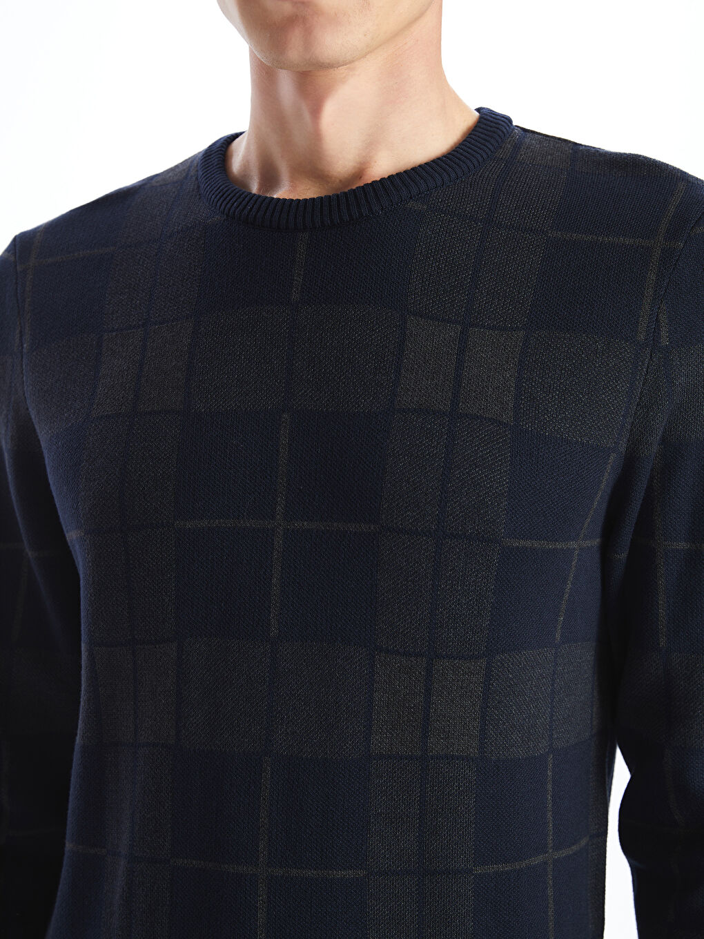 Lacivert Bisiklet Yaka Uzun Kollu Ekose Erkek Triko Kazak-5