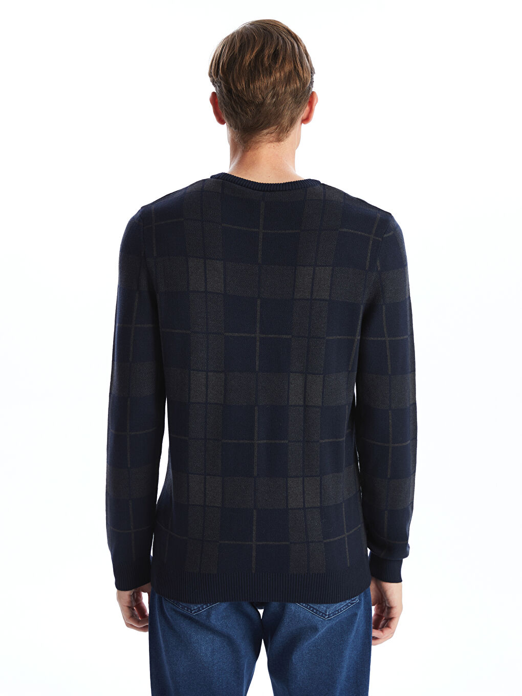 Lacivert Bisiklet Yaka Uzun Kollu Ekose Erkek Triko Kazak-7