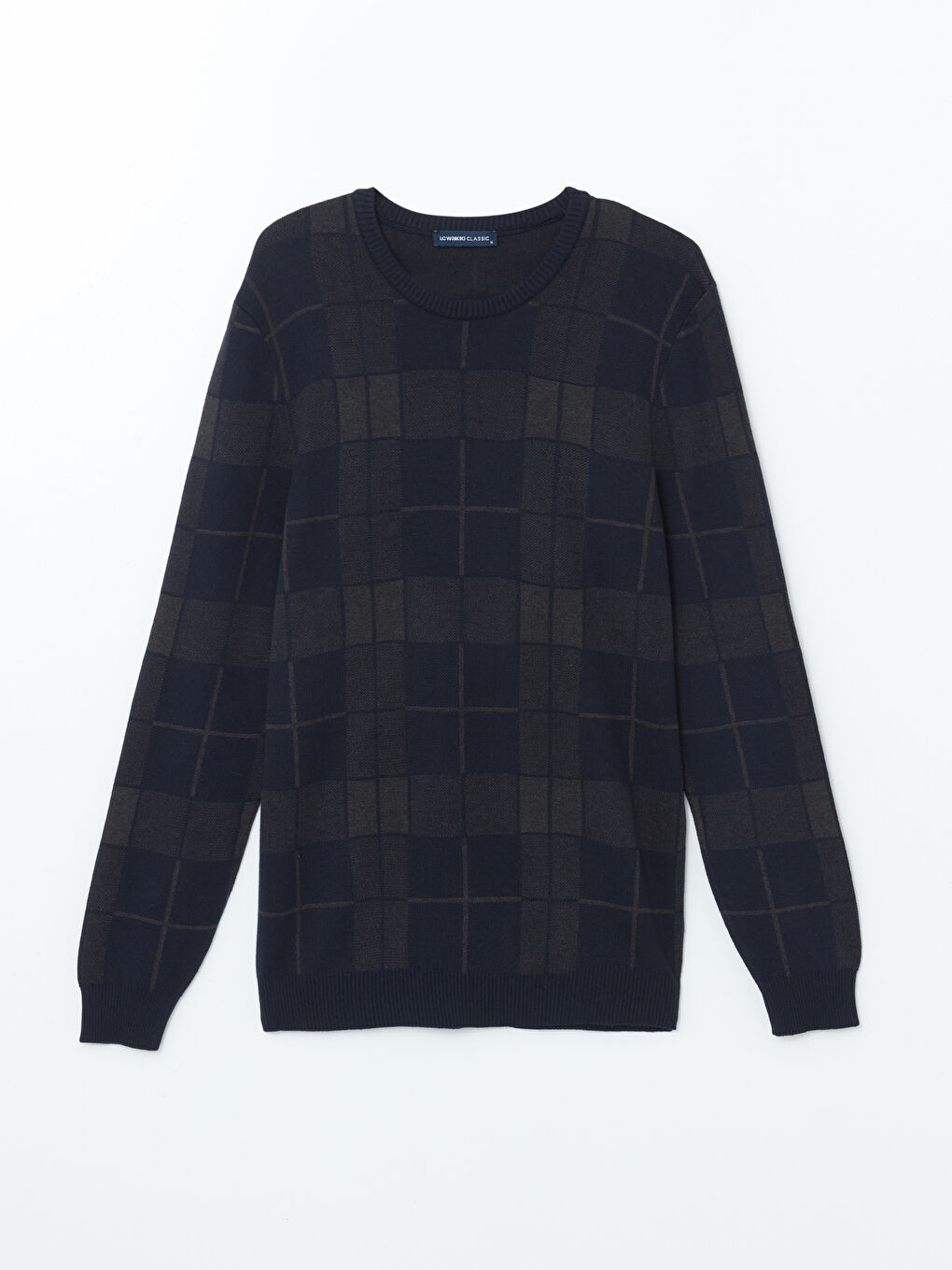 Lacivert Bisiklet Yaka Uzun Kollu Ekose Erkek Triko Kazak-8