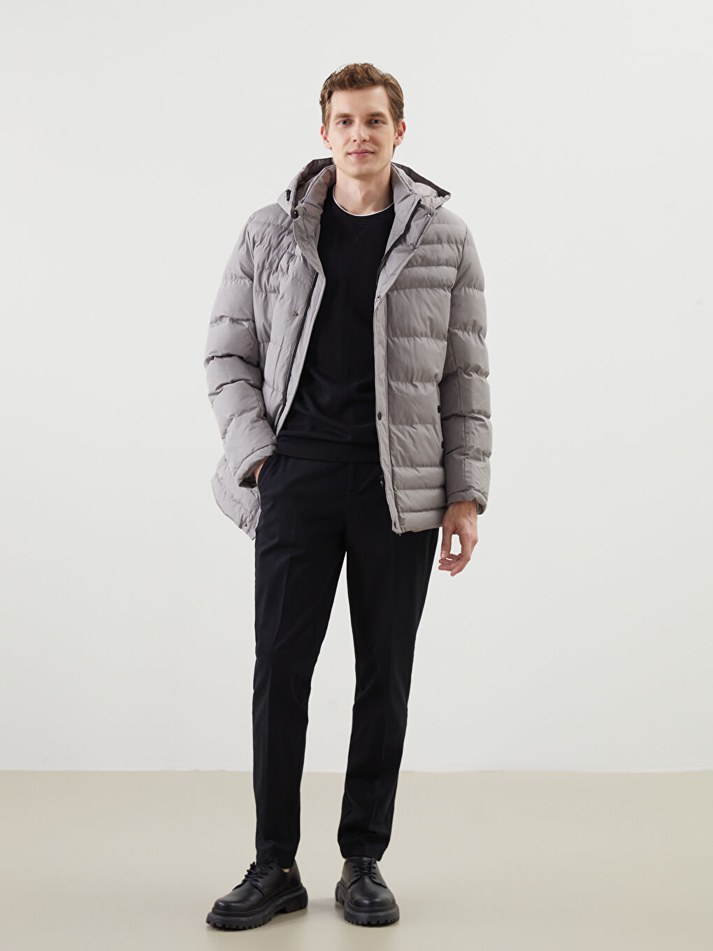 Bej Standart Kalıp Kapüşonlu Erkek Şişme Mont-1