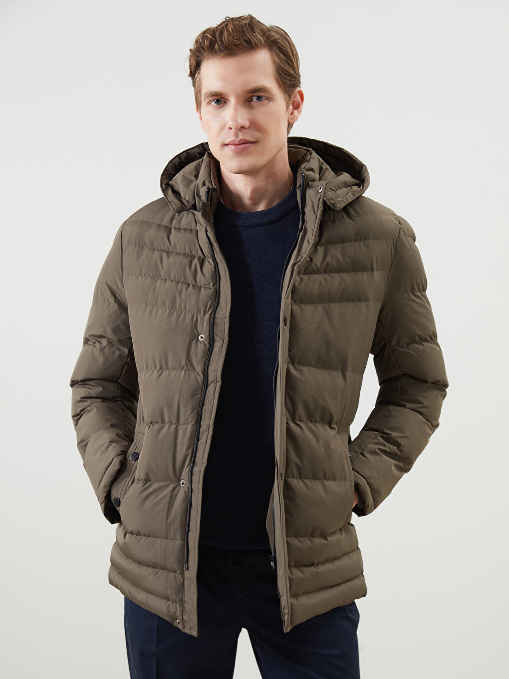 Kahverengi Standart Kalıp Kapüşonlu Erkek Şişme Mont