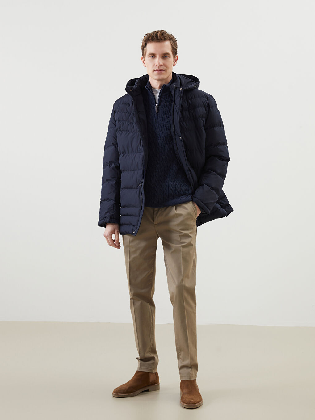 Lacivert Standart Kalıp Kapüşonlu Erkek Şişme Mont-1