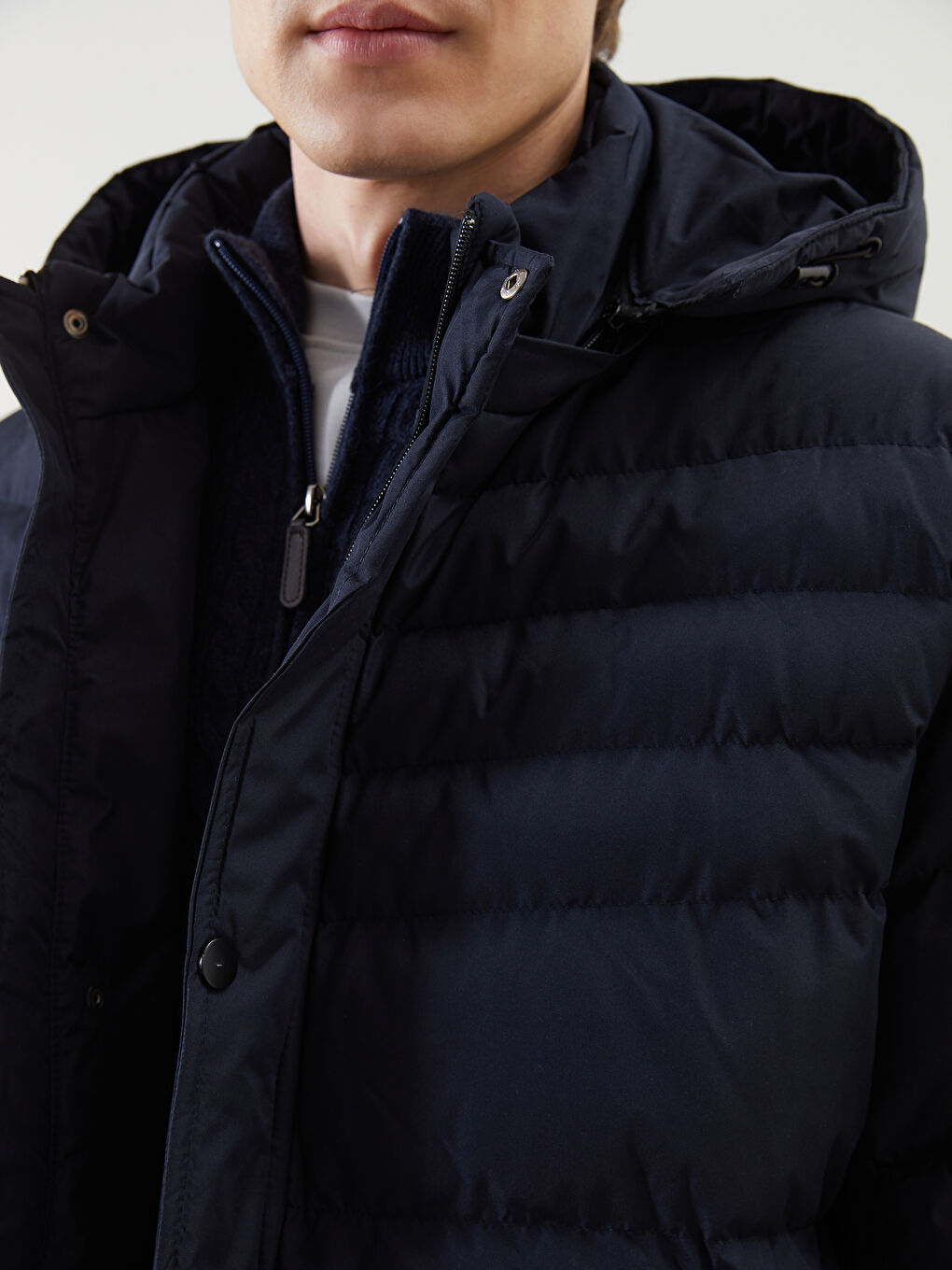 Lacivert Standart Kalıp Kapüşonlu Erkek Şişme Mont-2