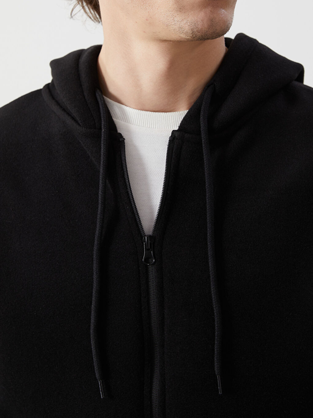 Siyah Kapüşonlu Uzun Kollu Polar Erkek Fermuarlı Sweatshirt-4