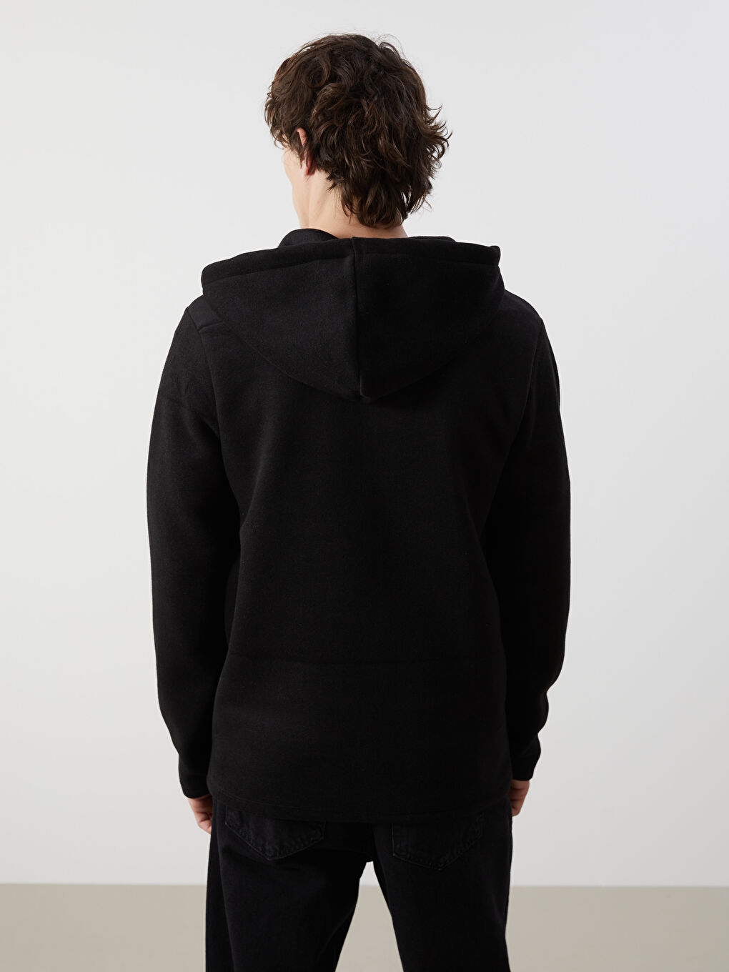 Siyah Kapüşonlu Uzun Kollu Polar Erkek Fermuarlı Sweatshirt-6