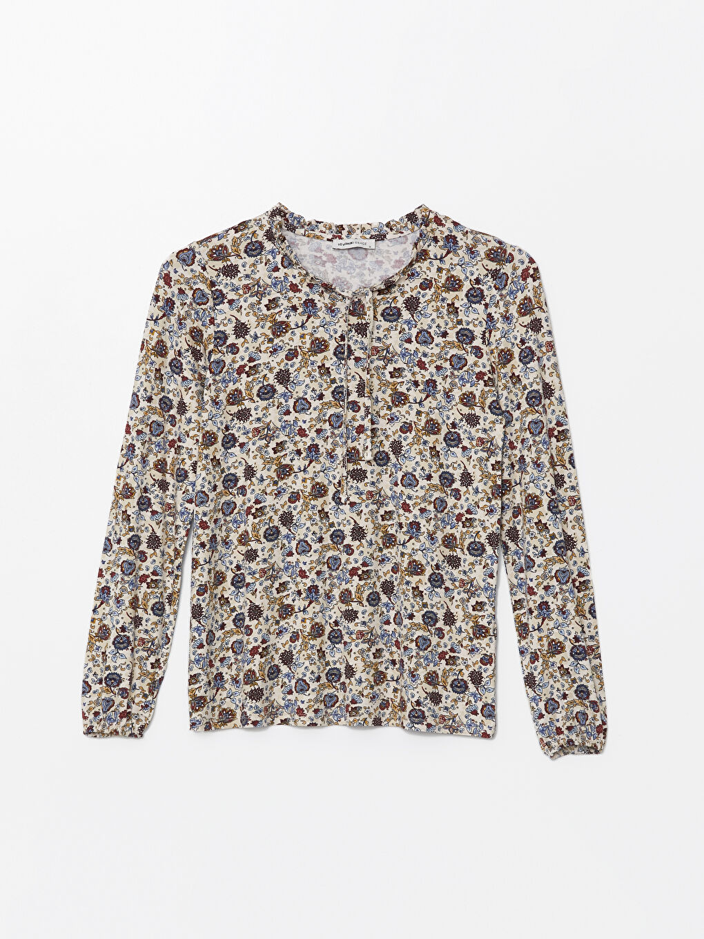 Bej Bağlamalı Yaka Desenli Bluz-4