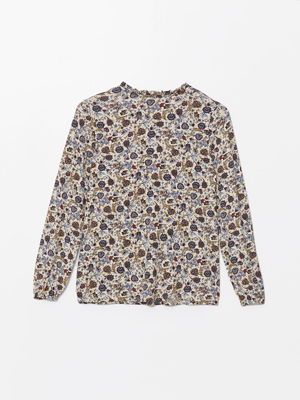 Bej Bağlamalı Yaka Desenli Bluz-5