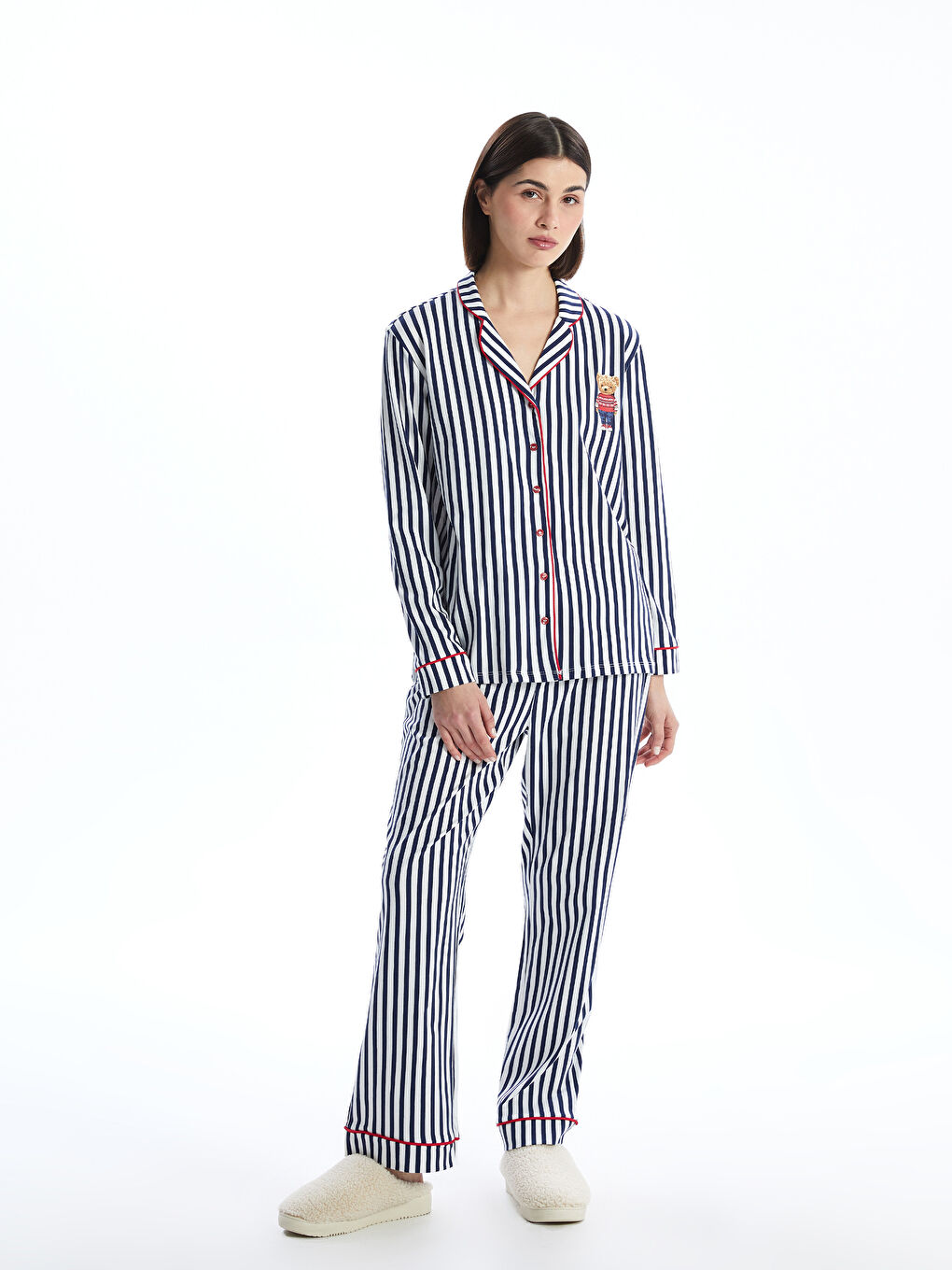 Collared Neck Striped Women's Pyjama Set-2
