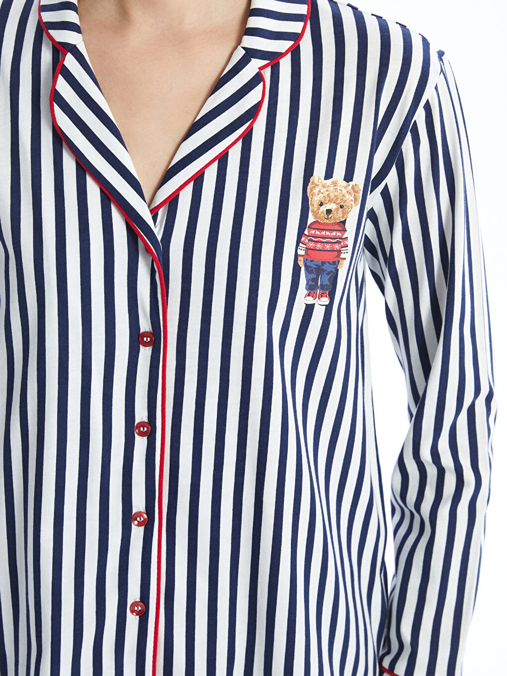 Collared Neck Striped Women's Pyjama Set-4