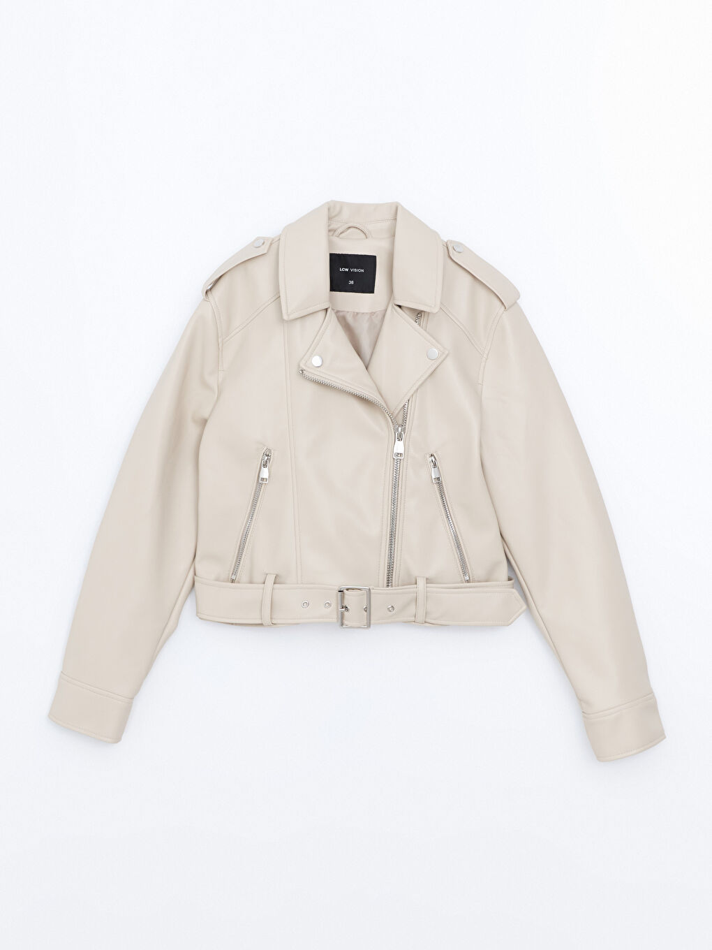 Женская куртка из искусственной кожи с байкерским воротником-5