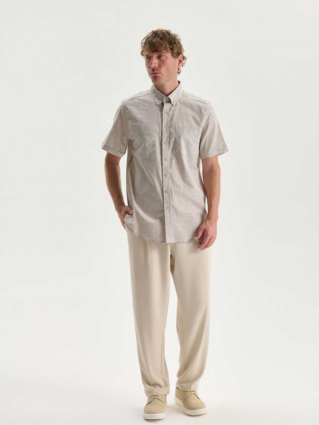 Bej Regular Fit Kısa Kollu Poplin Erkek Gömlek-2