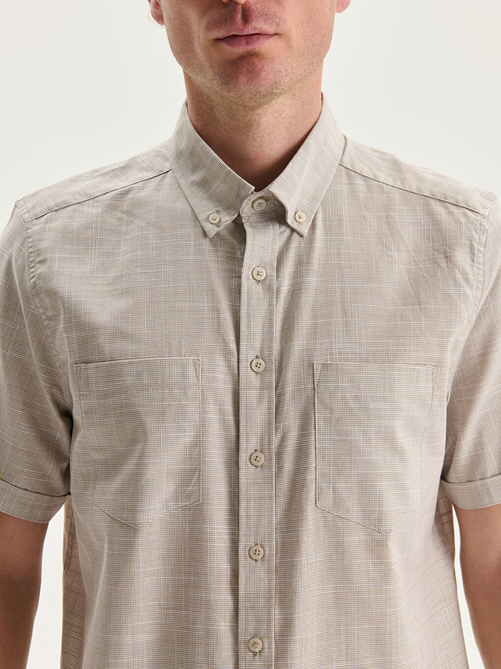 Bej Regular Fit Kısa Kollu Poplin Erkek Gömlek-4