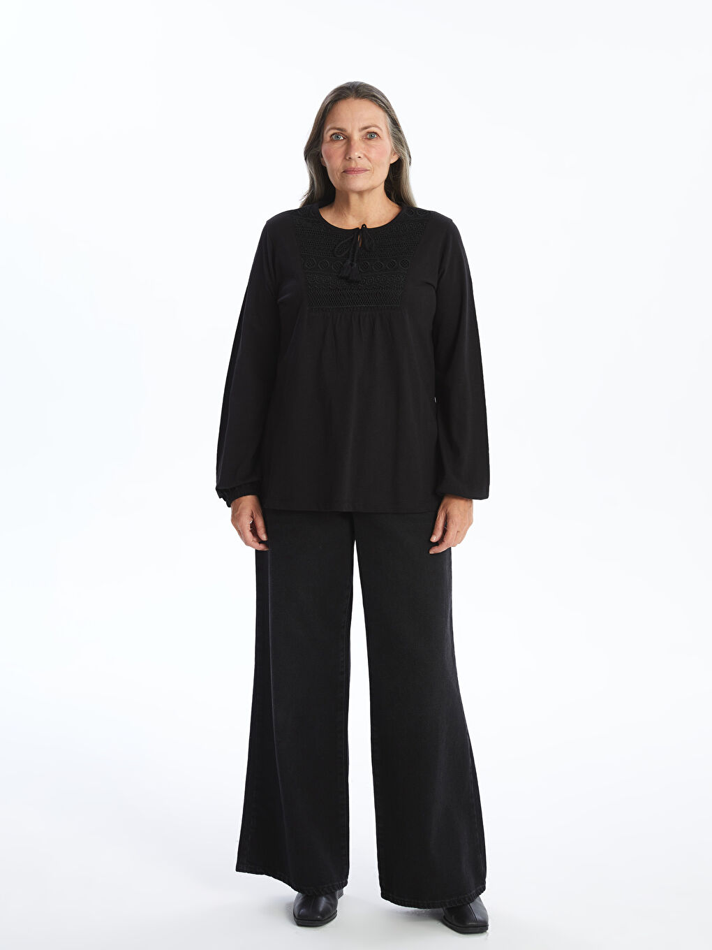 Tie Neck Embroidered Women's Blouse-1