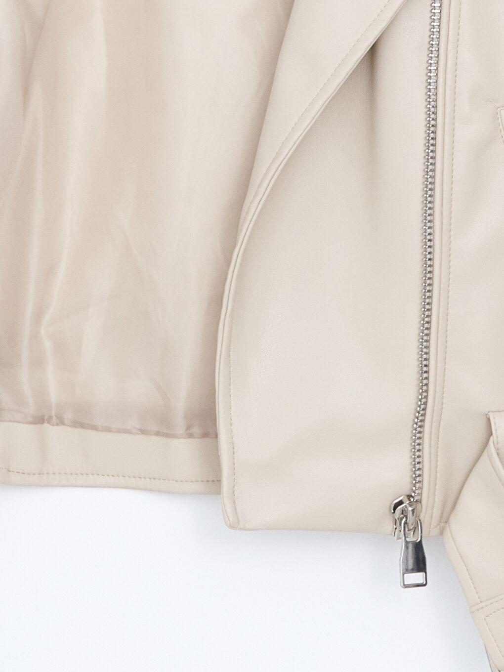 Bej Biker Yaka Kadın Deri Görünümlü Ceket-6