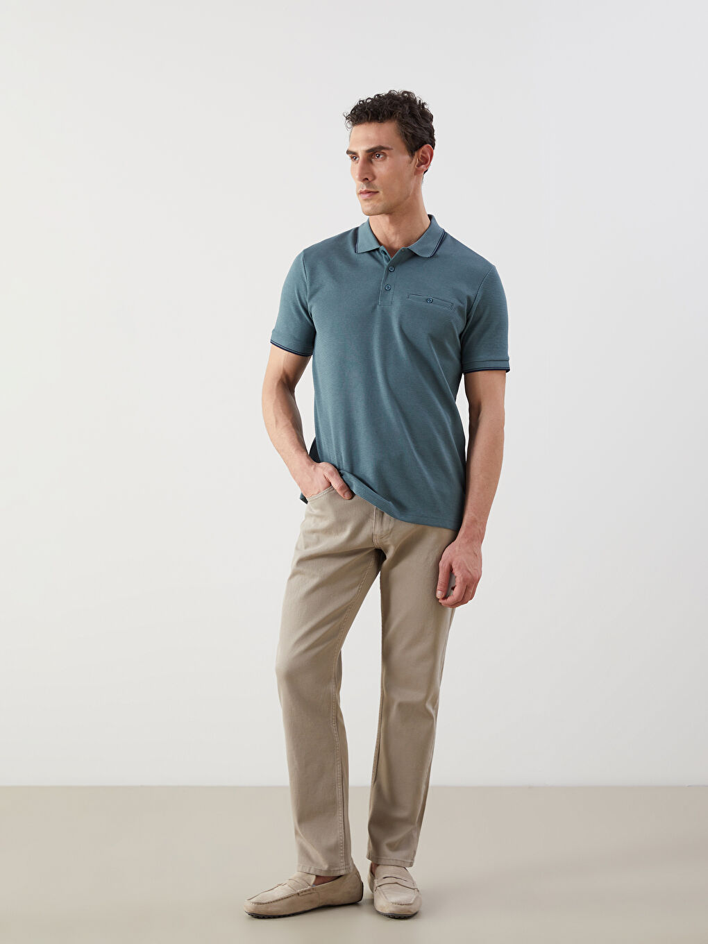 Mavi Polo Yaka Kısa Kollu Erkek Dokulu Tişört-1