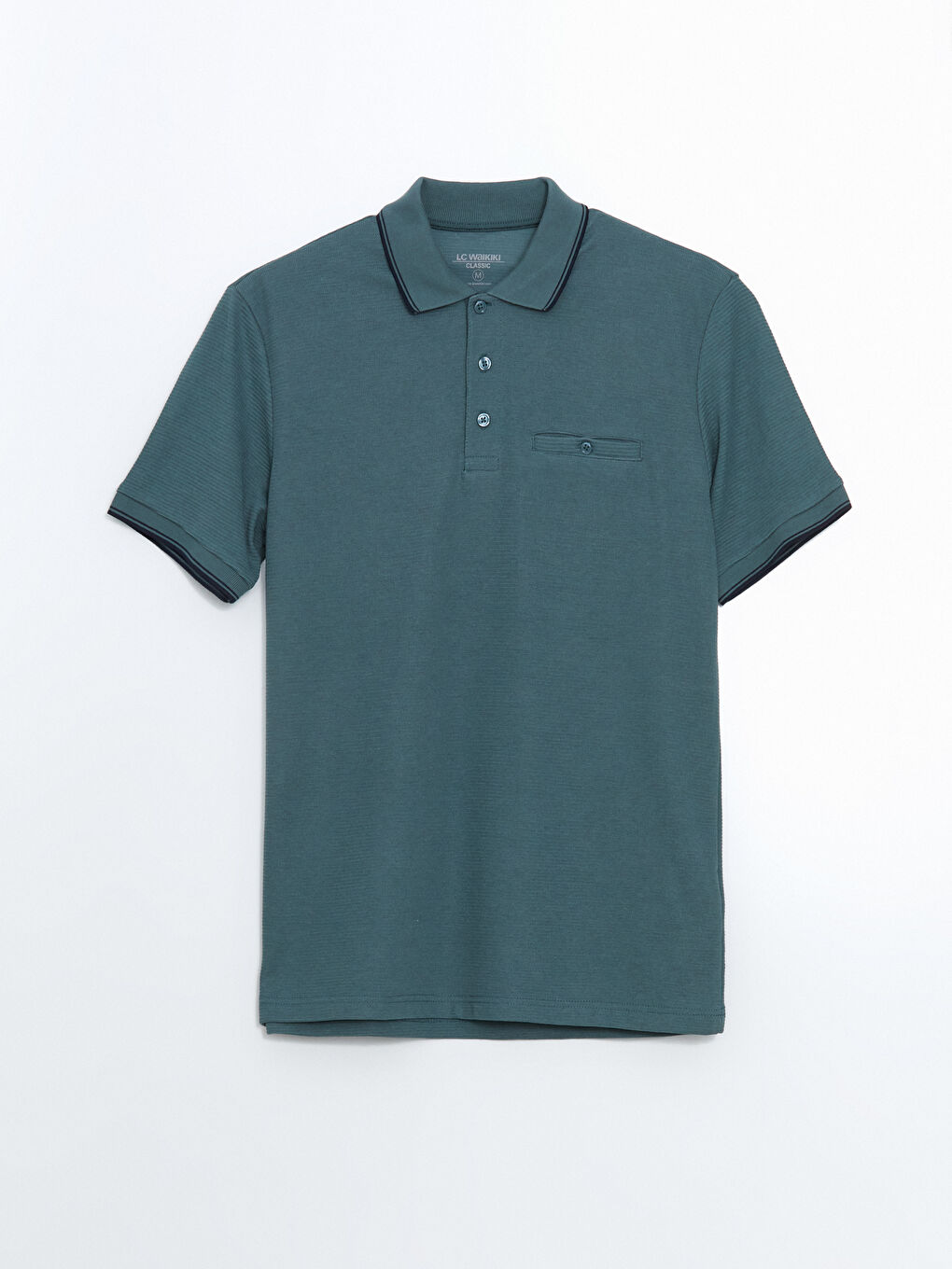 Mavi Polo Yaka Kısa Kollu Erkek Dokulu Tişört-4