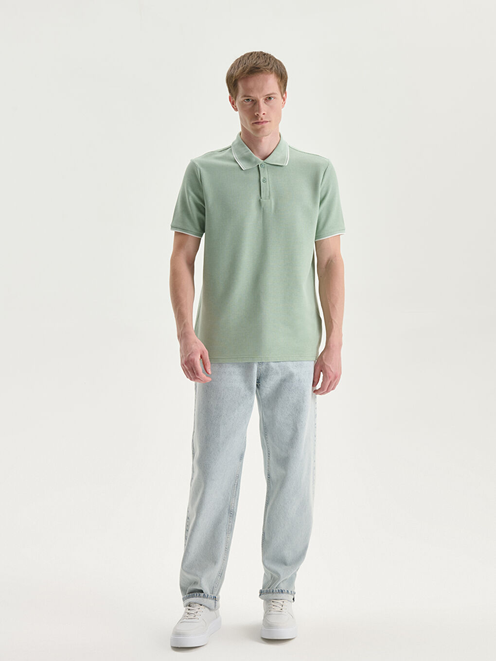 Yeşil Polo Yaka Kısa Kollu Erkek Tişört-1