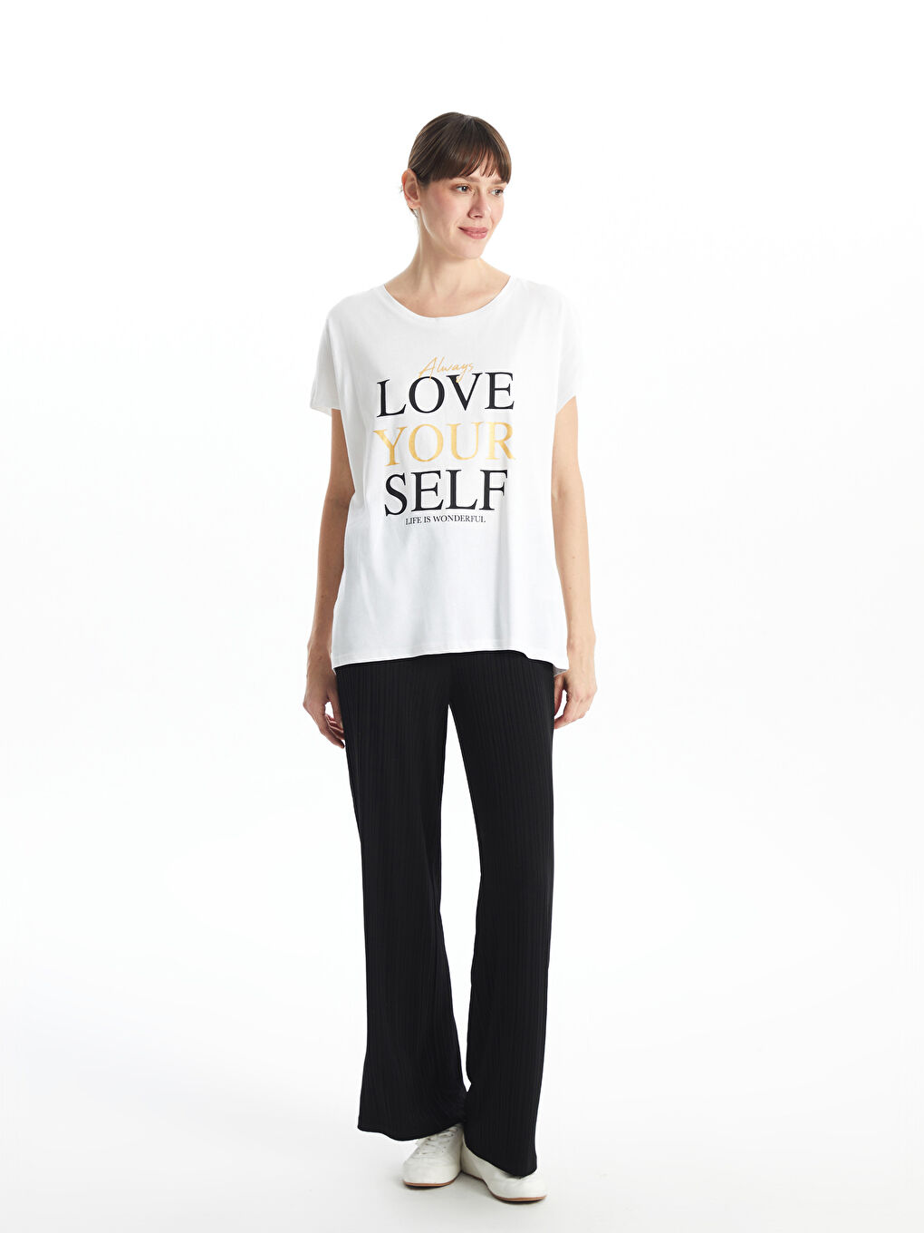 Siyah Beli Lastikli Dokulu Kadın Pantolon