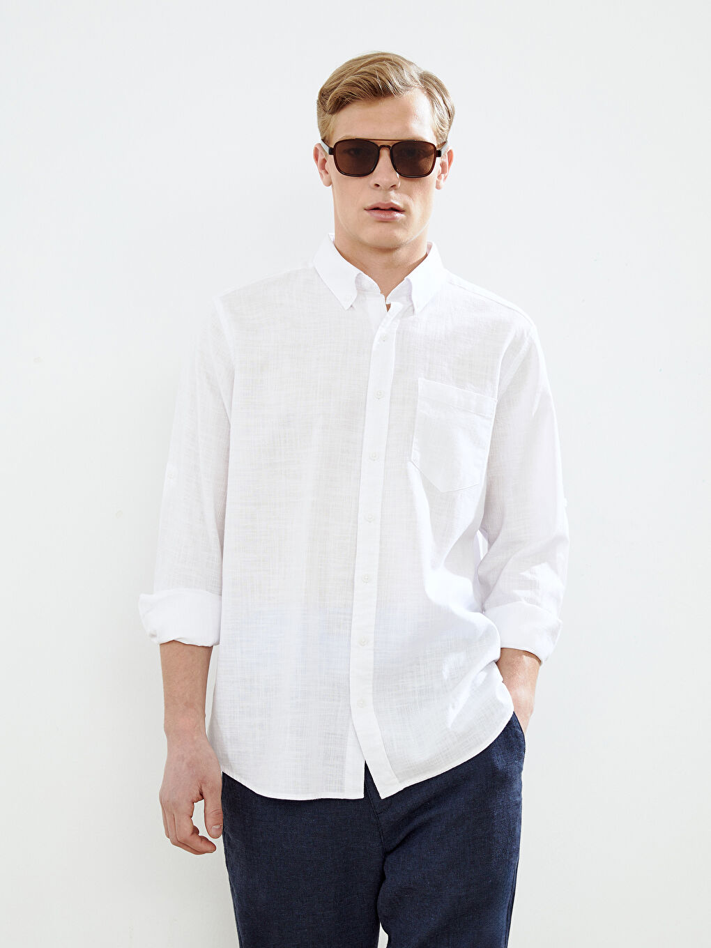 Regular Fit Long Sleeve Linen Blend Men's Shirt