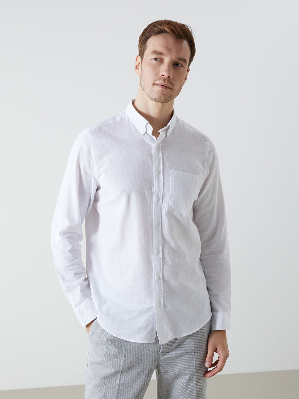 Regular Fit Long Sleeve Linen Blend Men's Shirt-2