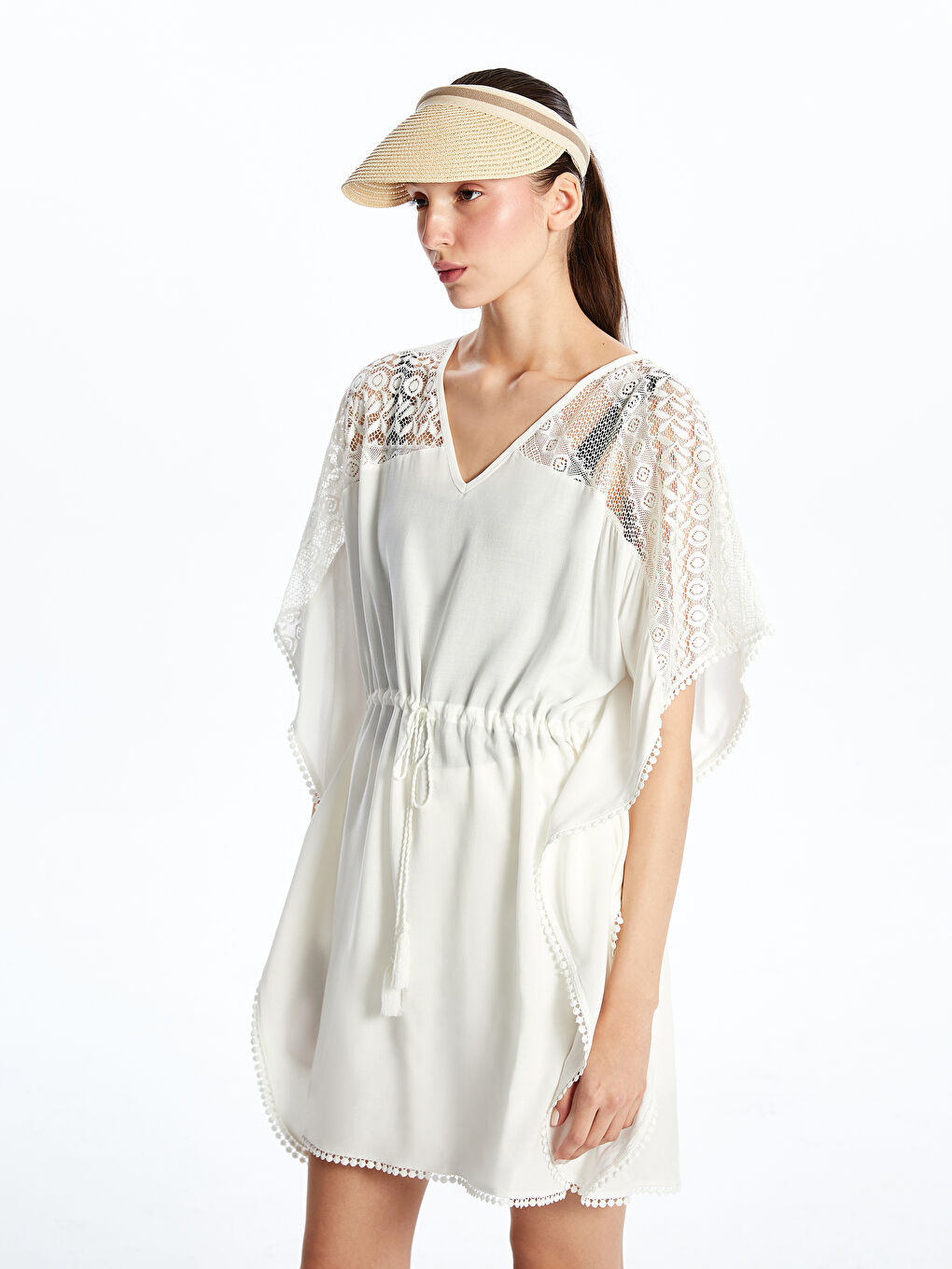 Bej Çizgili Kadın Hasır Vizör Şapka-3