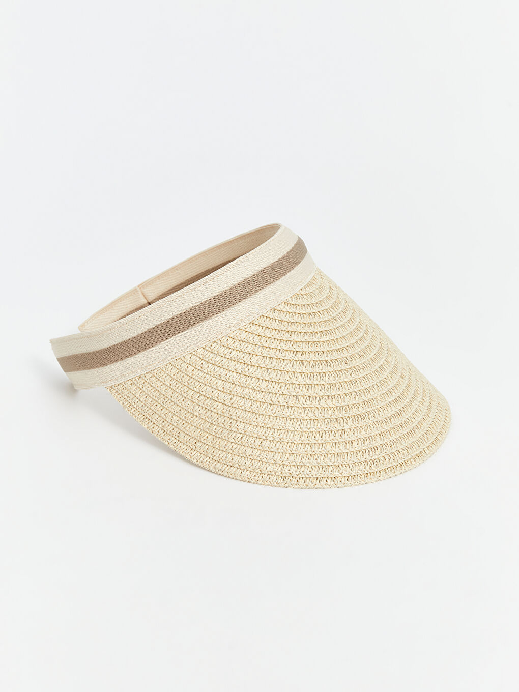 Bej Çizgili Kadın Hasır Vizör Şapka-6