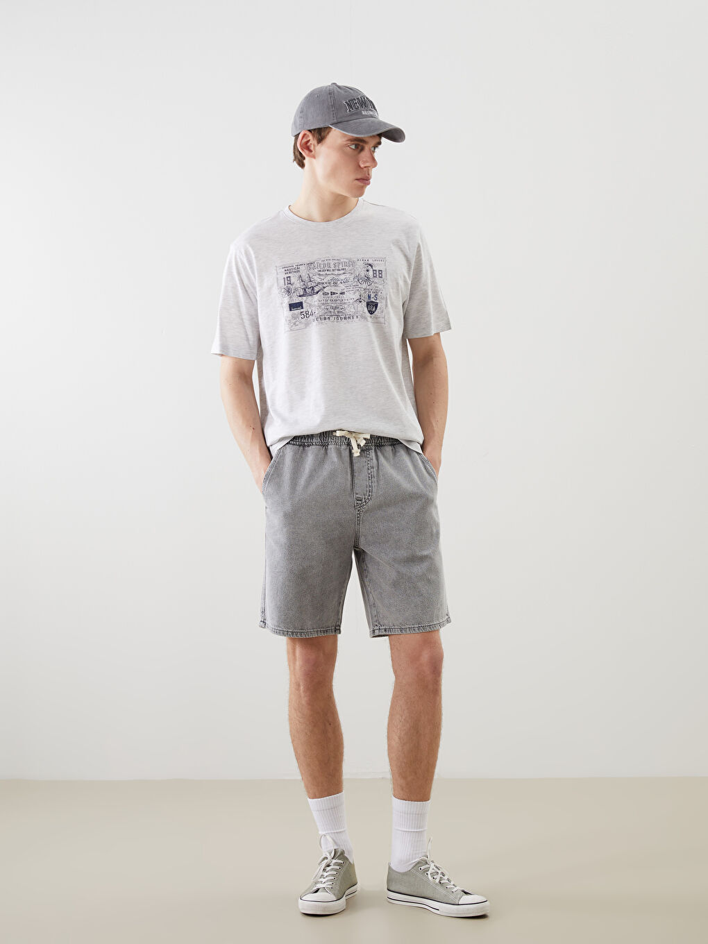 Bej Bisiklet Yaka Baskılı Penye Erkek Tişört-3