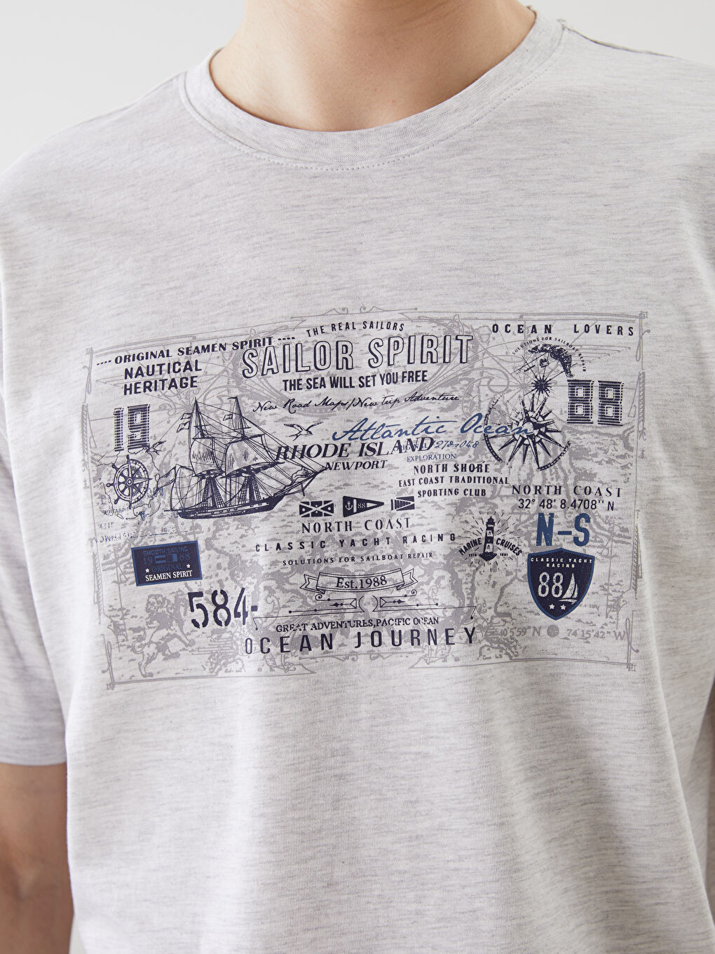 Bej Bisiklet Yaka Baskılı Penye Erkek Tişört-5