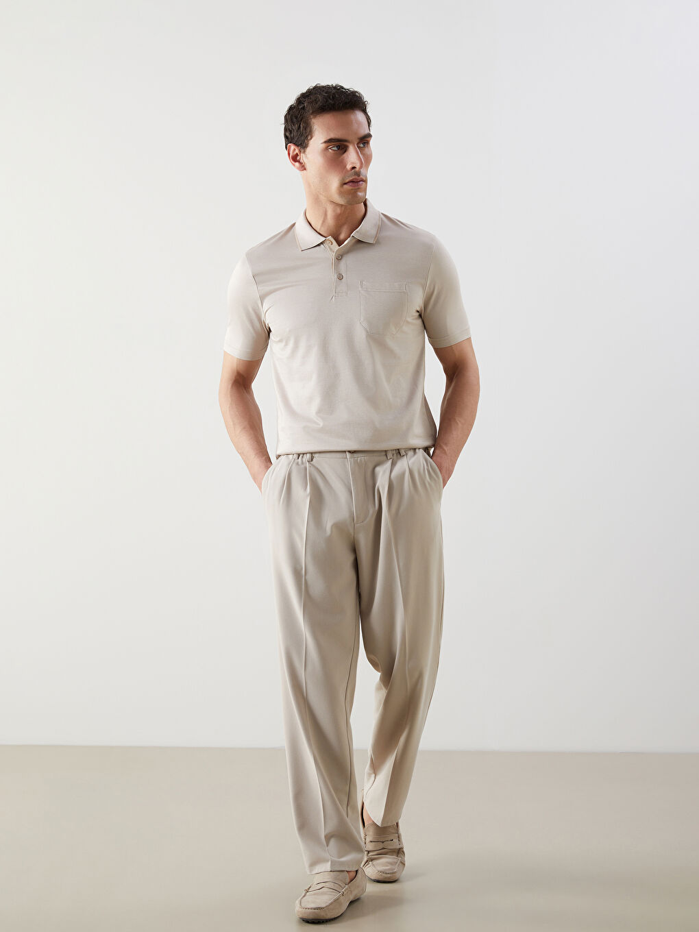 Bej Polo Yaka Kısa Kollu Erkek Tişört-1