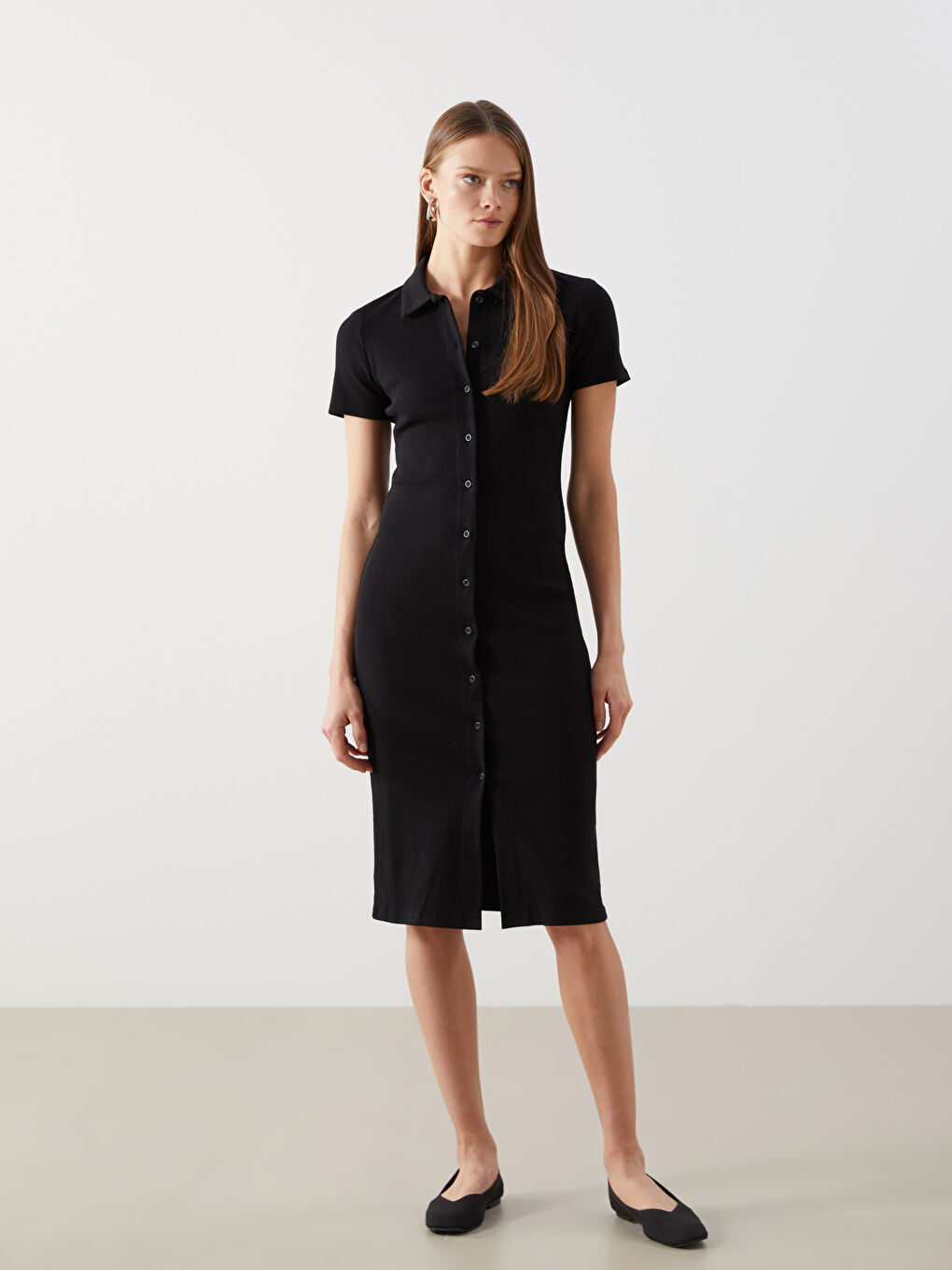 Siyah Polo Yaka Kadın Bodycon Elbise