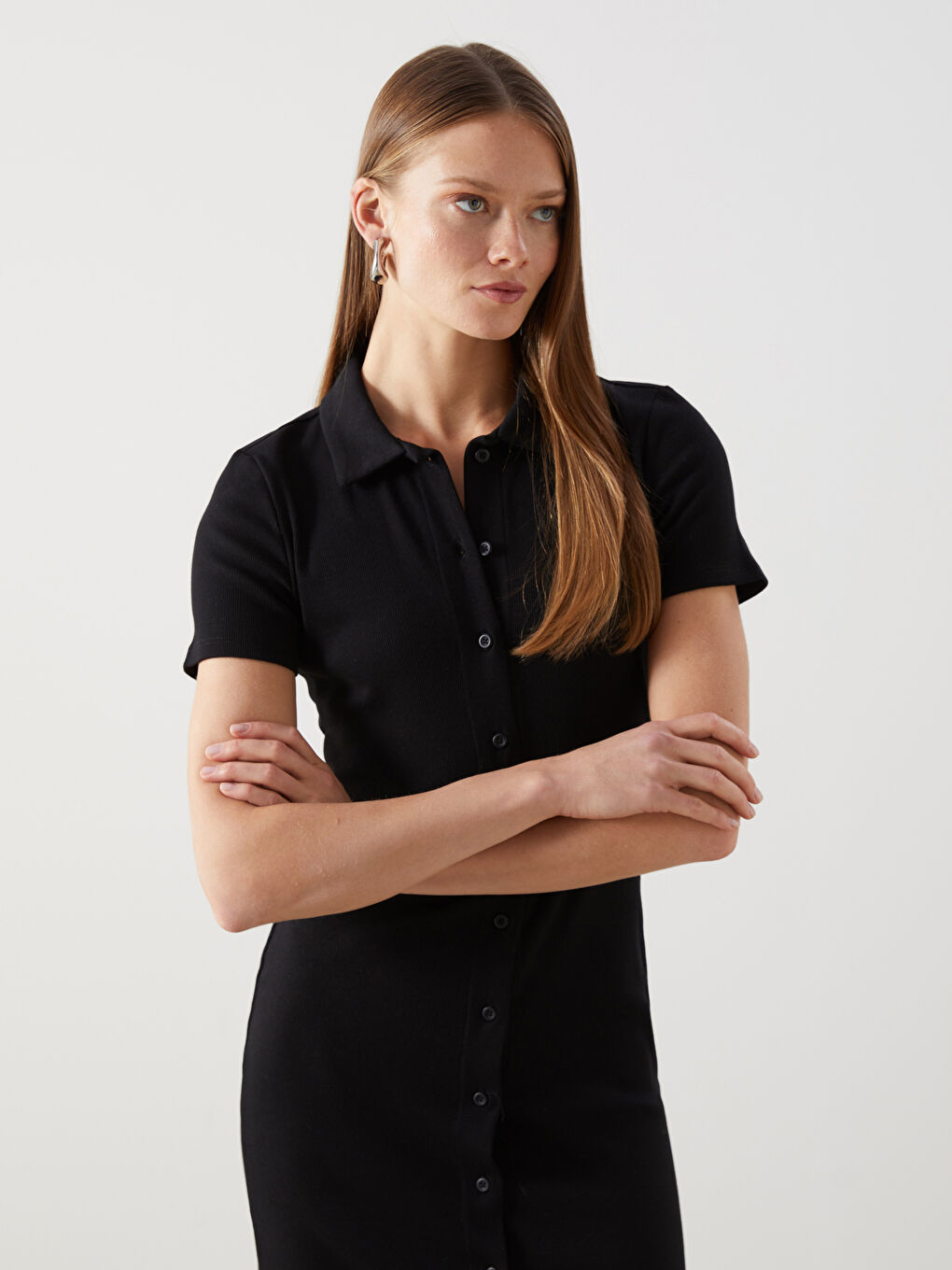 Siyah Polo Yaka Kadın Bodycon Elbise-1