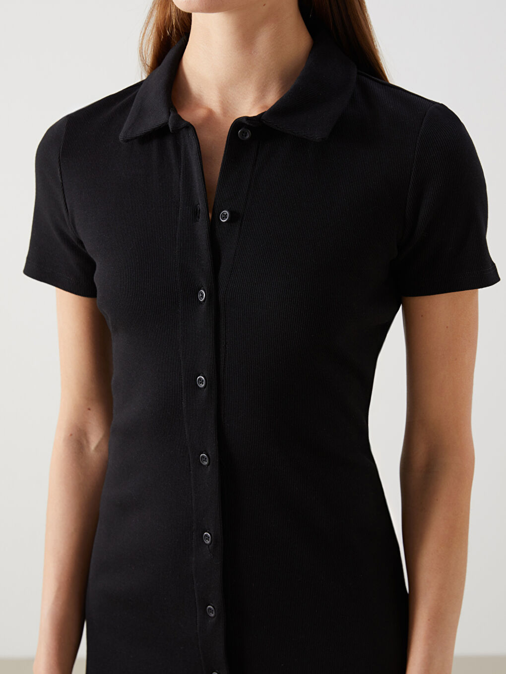 Siyah Polo Yaka Kadın Bodycon Elbise-2