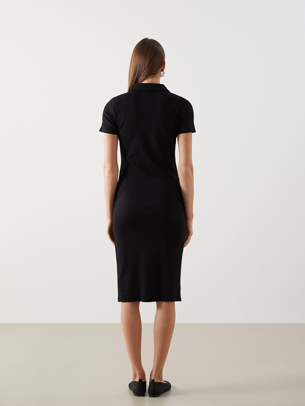 Siyah Polo Yaka Kadın Bodycon Elbise-3