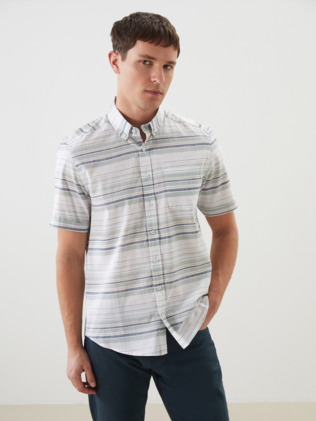 Slim Fit Short Sleeve Striped Poplin Men's Shirt