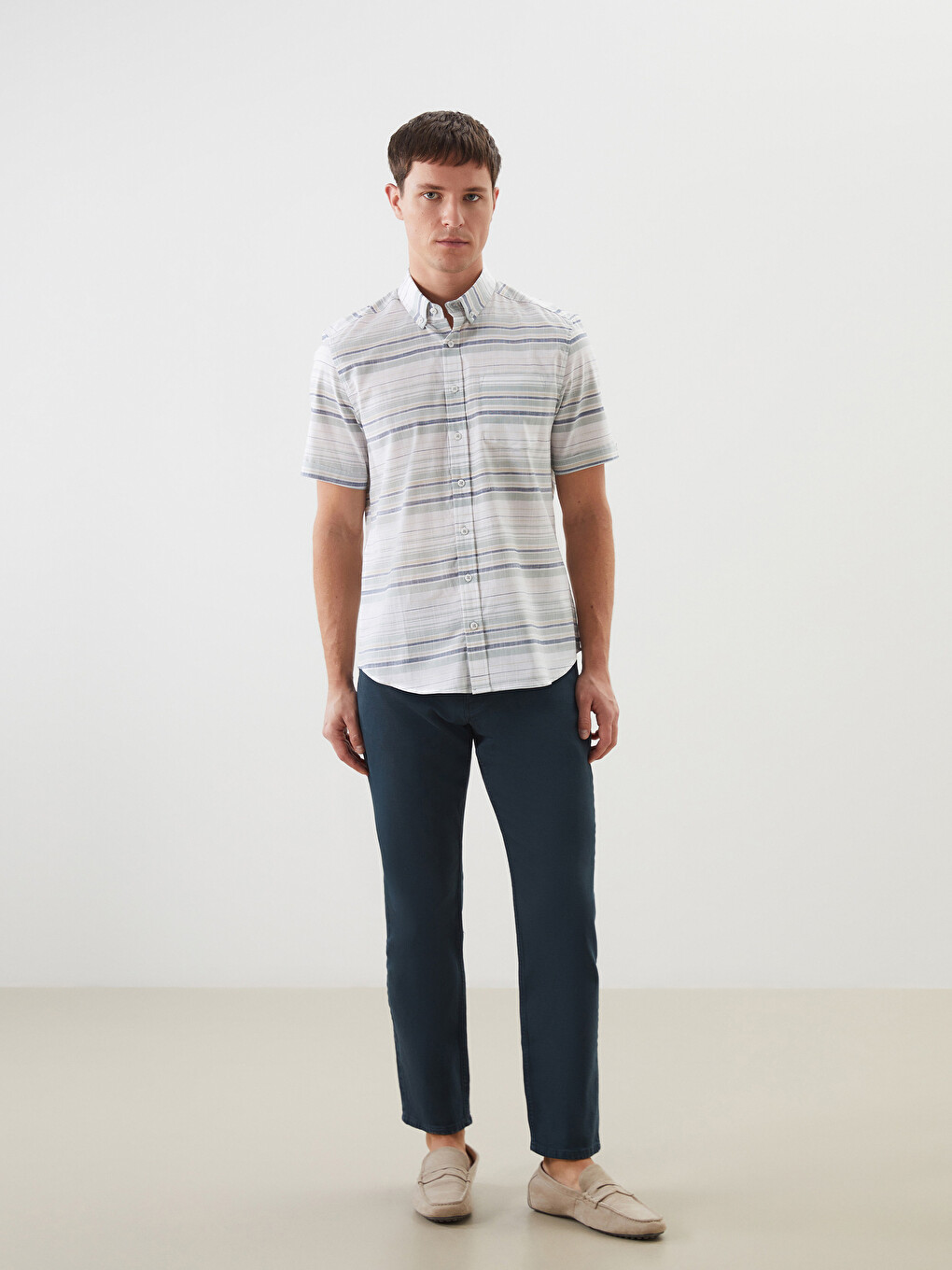 Slim Fit Short Sleeve Striped Poplin Men's Shirt-1
