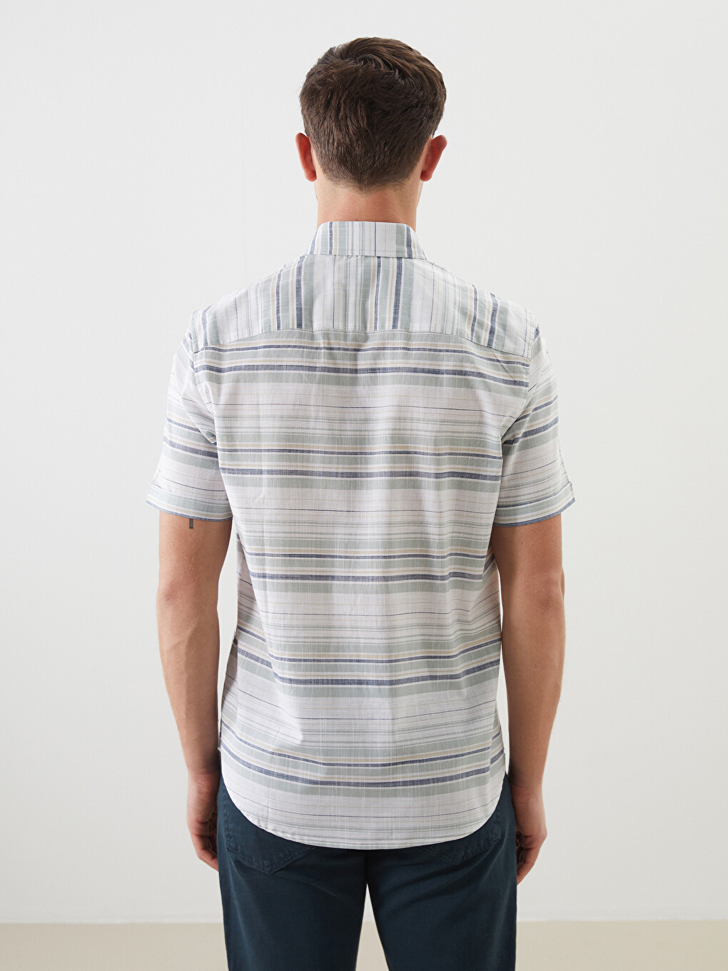 Slim Fit Short Sleeve Striped Poplin Men's Shirt-3