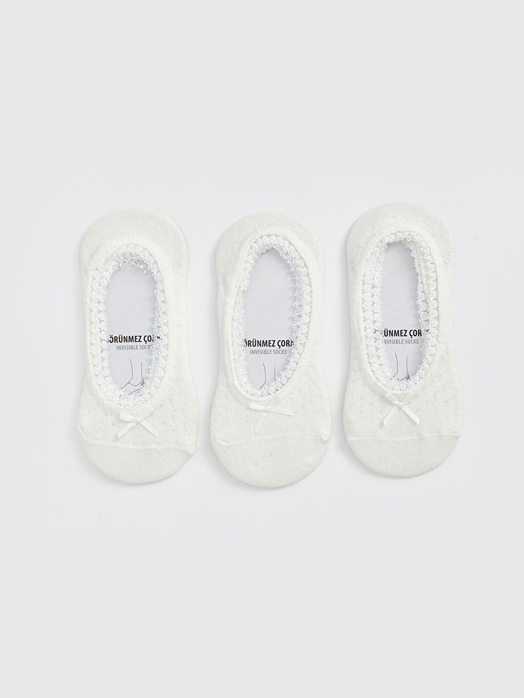 Ekru Kurdele Detaylı Babet Çorap 3'lü
