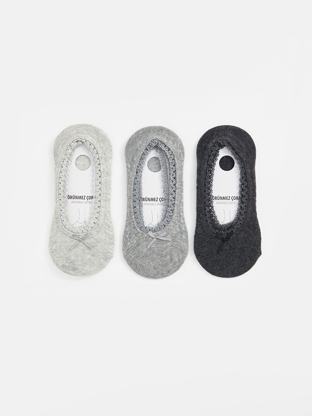 Gri Kurdele Detaylı Babet Çorap 3'lü