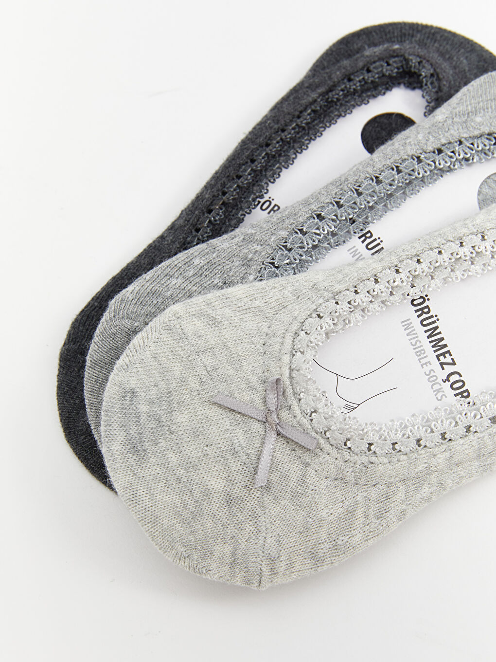 Gri Kurdele Detaylı Babet Çorap 3'lü-2