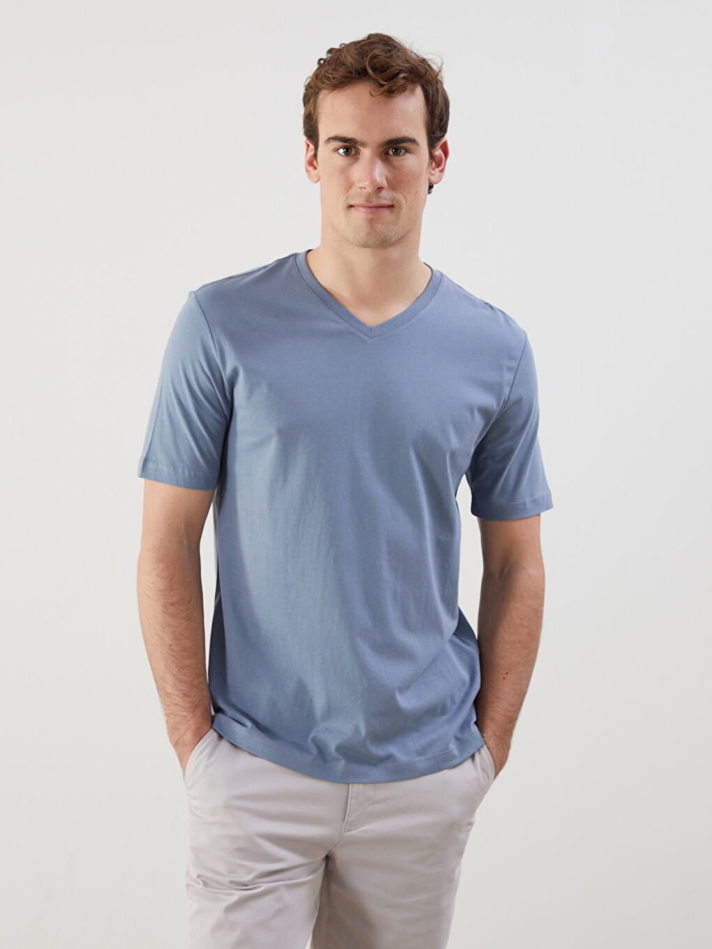 İndigo V Yaka Kısa Kollu Penye Erkek Tişört-1