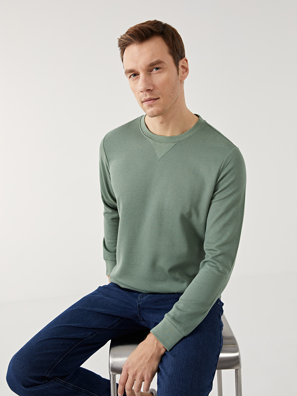Yeşil Bisiklet Yaka Uzun Kollu Erkek Sweatshirt