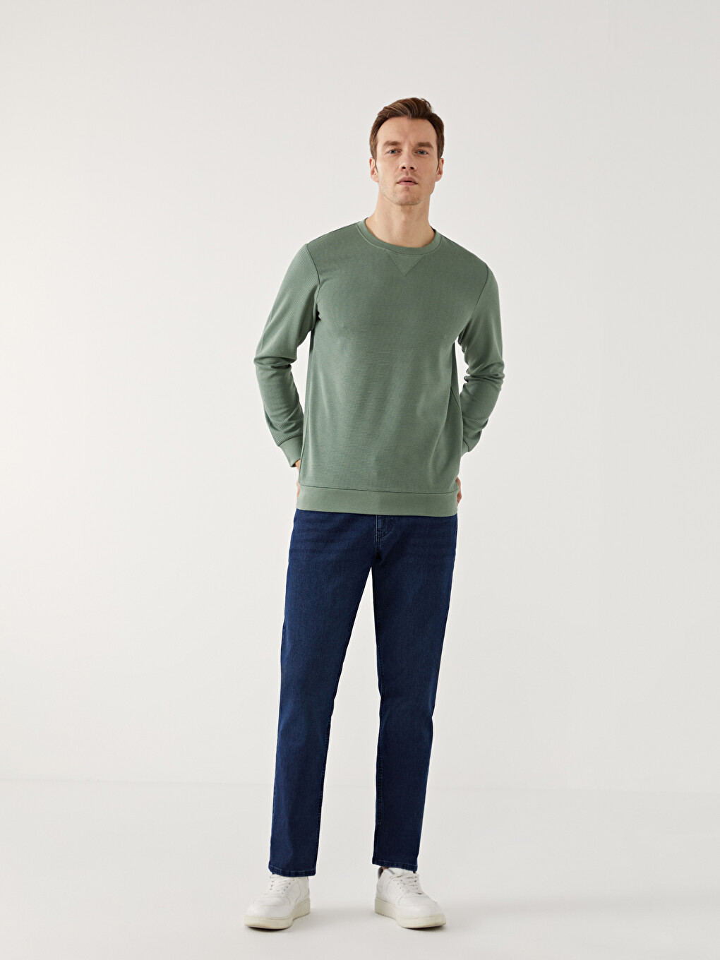 Yeşil Bisiklet Yaka Uzun Kollu Erkek Sweatshirt-1