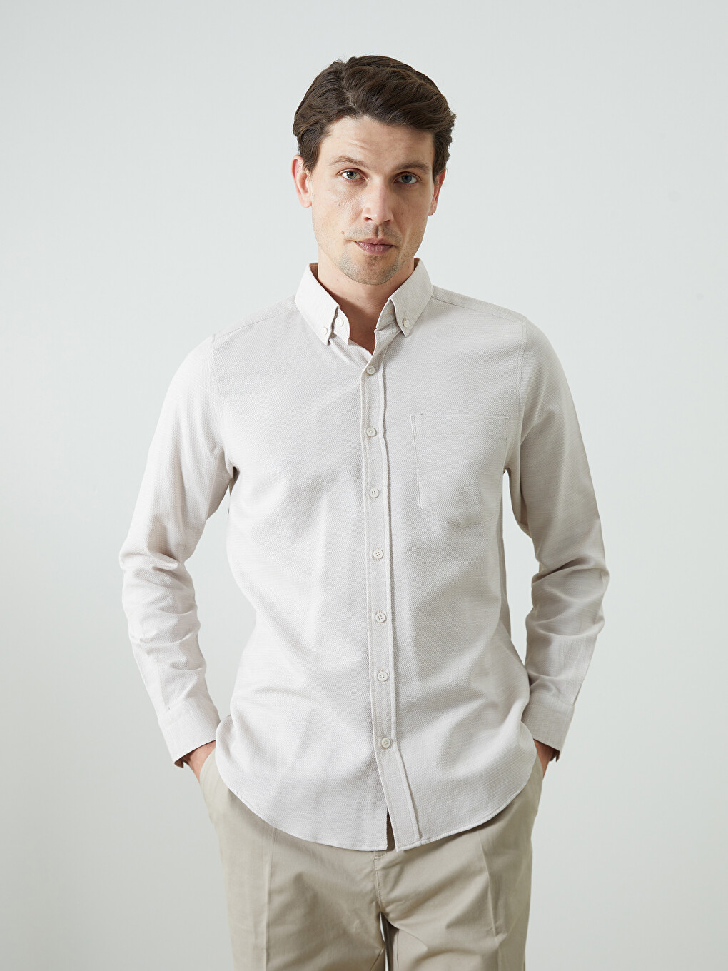 Regular Fit Long Sleeve Dobby Fabric Men's Shirt