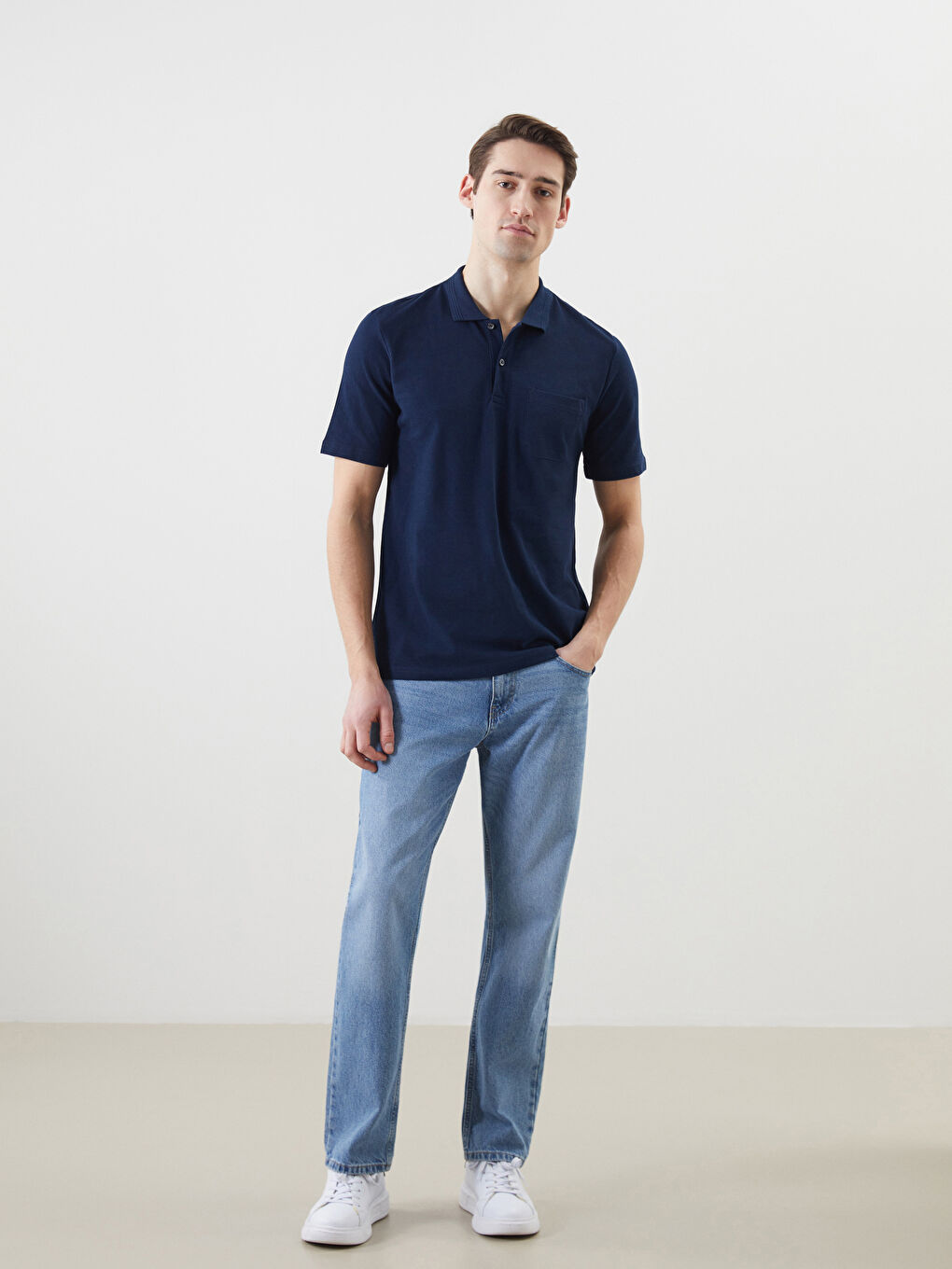 Lacivert Polo Yaka Kısa Kollu Pike Erkek Tişört-1