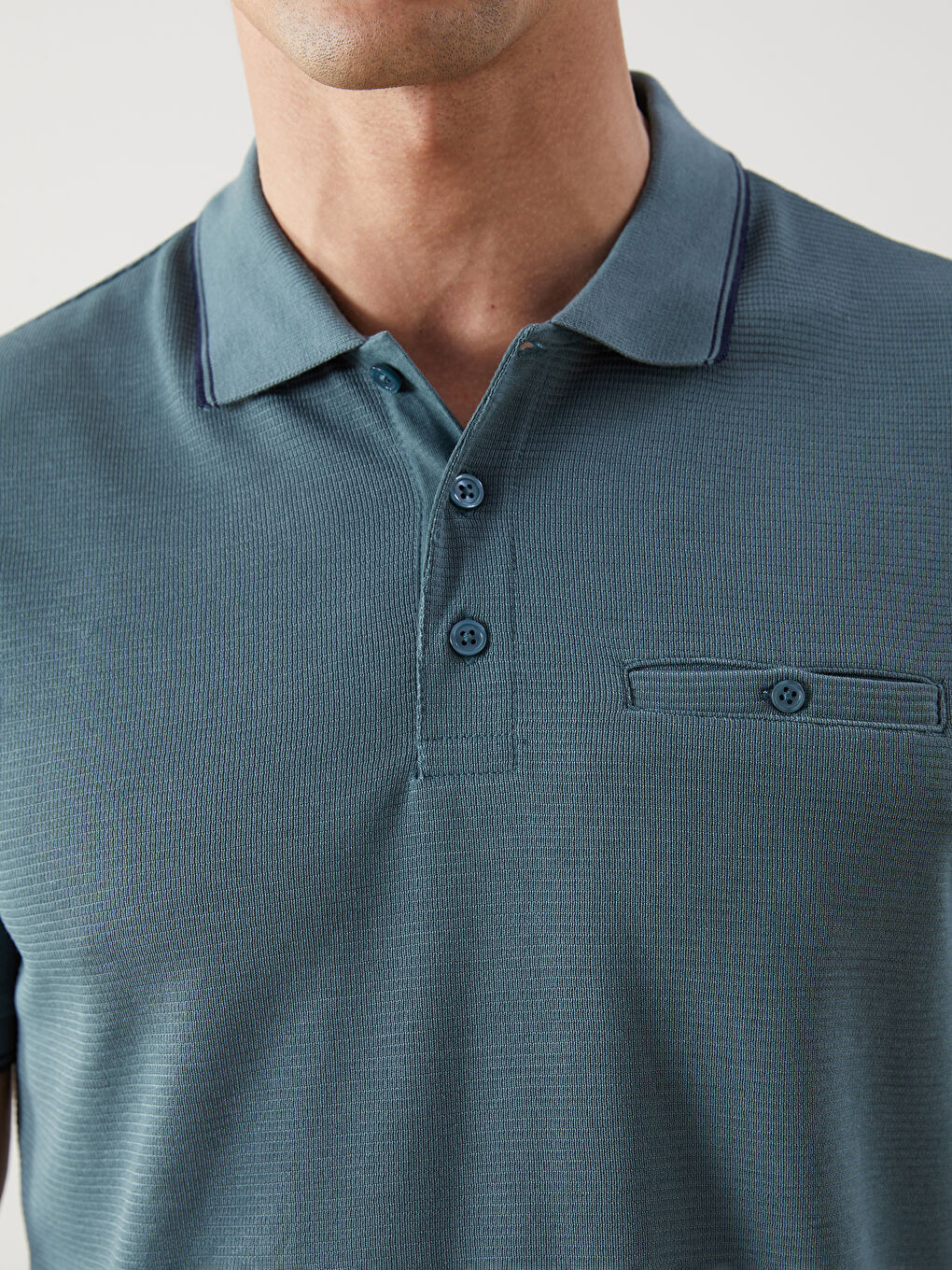 Mavi Polo Yaka Kısa Kollu Erkek Dokulu Tişört-2