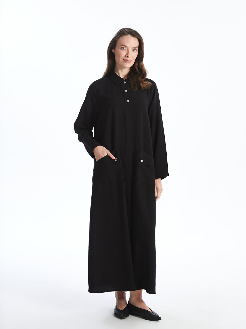 LCW Grace Shirt Collar Plain Long Sleeve Linen-Look Women's Abaya -S46200Z8-CVL